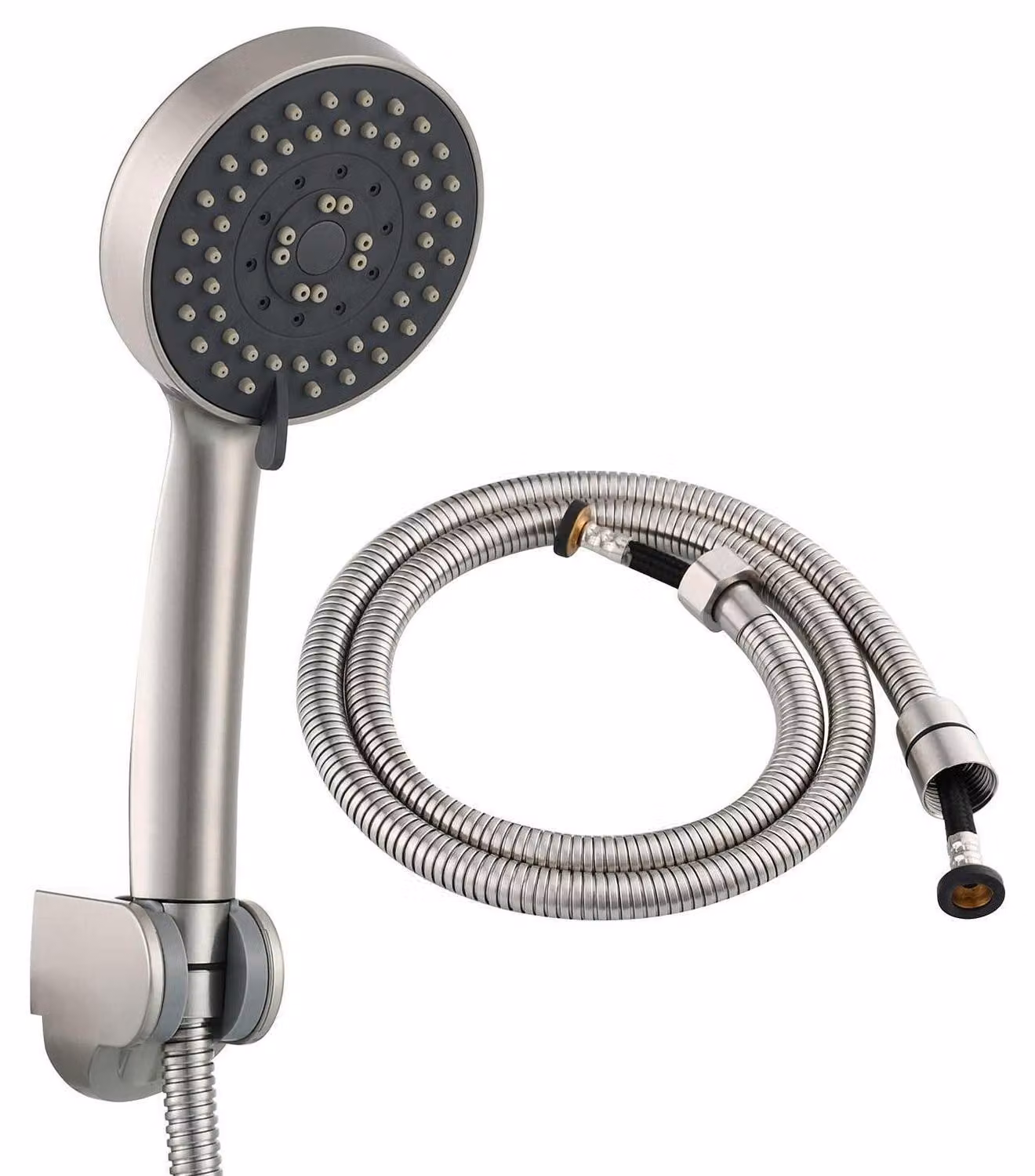 Set doccia con soffione a mano, finitura in nichel spazzolato, 5 diverse modalità di getto, completo di tubo flessibile e supporto