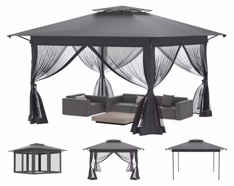 Gazebo da esterno 4x4 metri, colore antracite, con protezione UV, protezione dalle zanzare, tetto a doppia falda e altezza regolabile