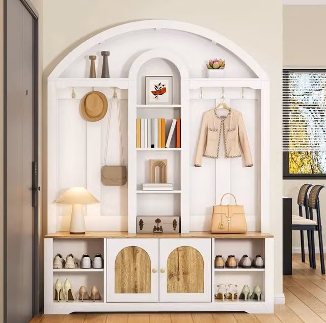 Armadio guardaroba 150x40x195 cm con scaffali; ganci e vano contenitore in MDF bianco