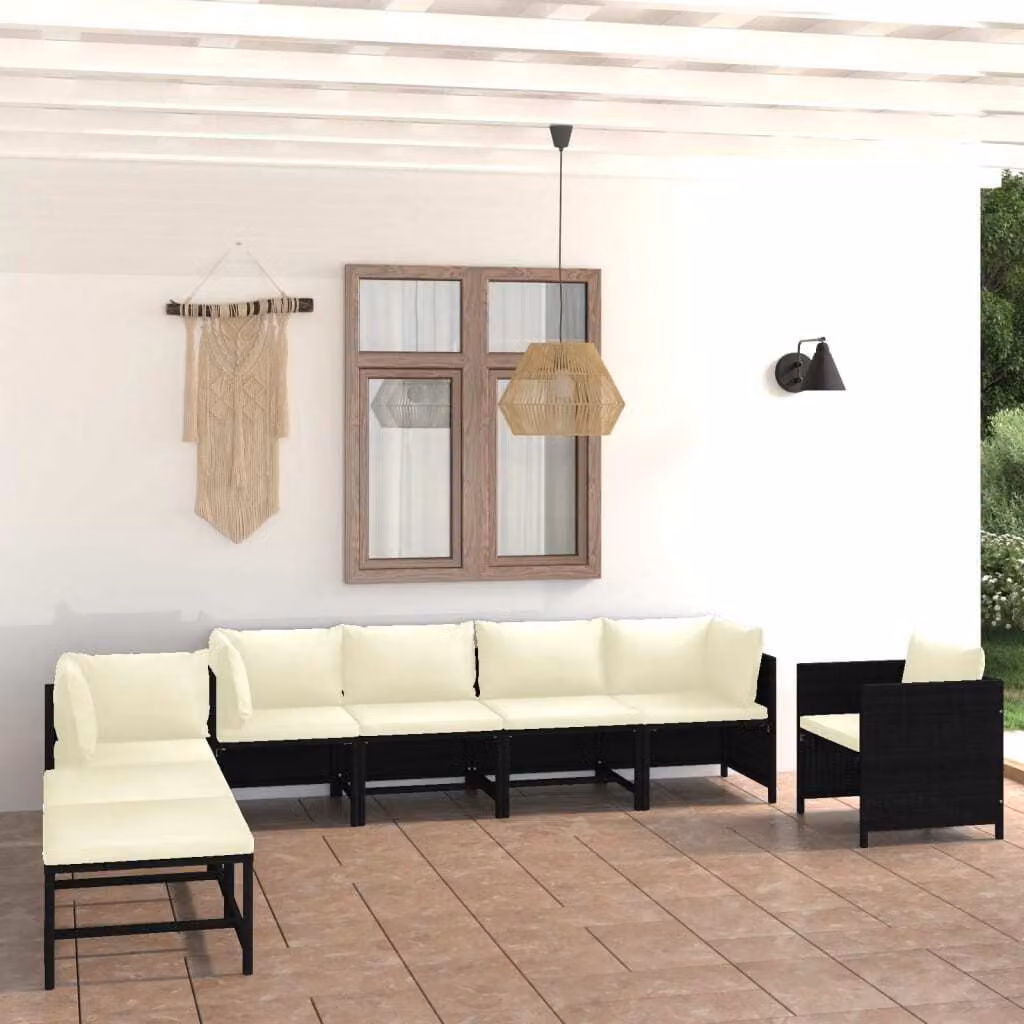 The Living Store Set salotto da giardino 8 pezzi con cuscini in poly rattan nero