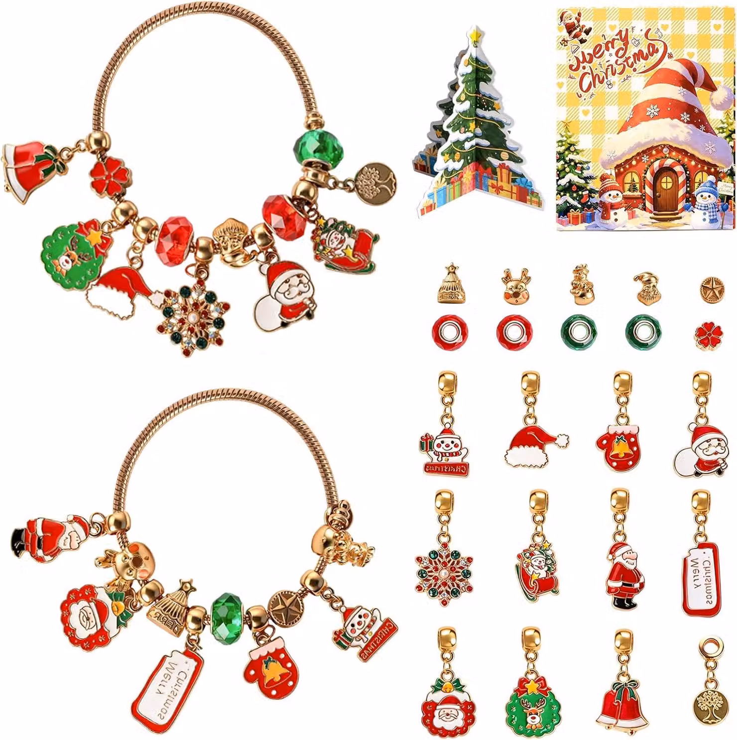 Calendario dell'Avvento con set di gioielli, 24 pezzi, braccialetti e ciondoli natalizi, 24 giorni, gioielli per Natale