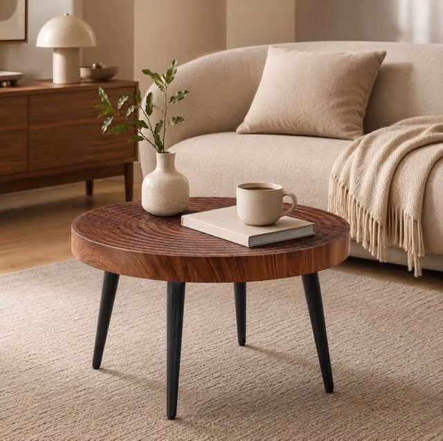 Tavolino rotondo 60x60x37 cm noce scuro; gambe in metallo nero; design compatto; MDF