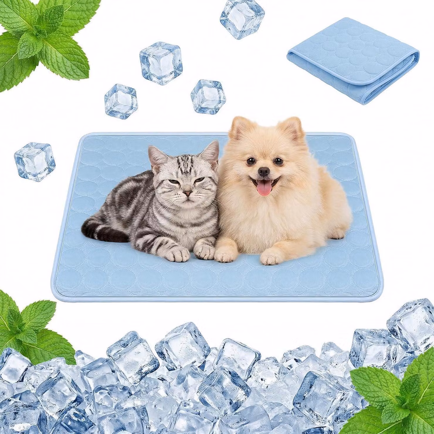 Tappetino refrigerante per cani, autorigenerante, 50x40 cm, blu, in cotone "seta di ghiaccio", lavabile