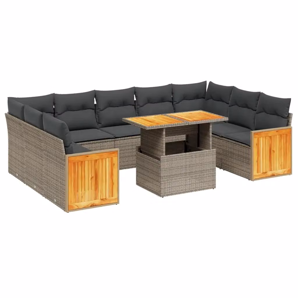 vidaXL Set Divano da Giardino 10 pz a forma di U in Polyrattan e Legno di Acacia con Cuscini Grigio e Tavolino da Caffè – 2