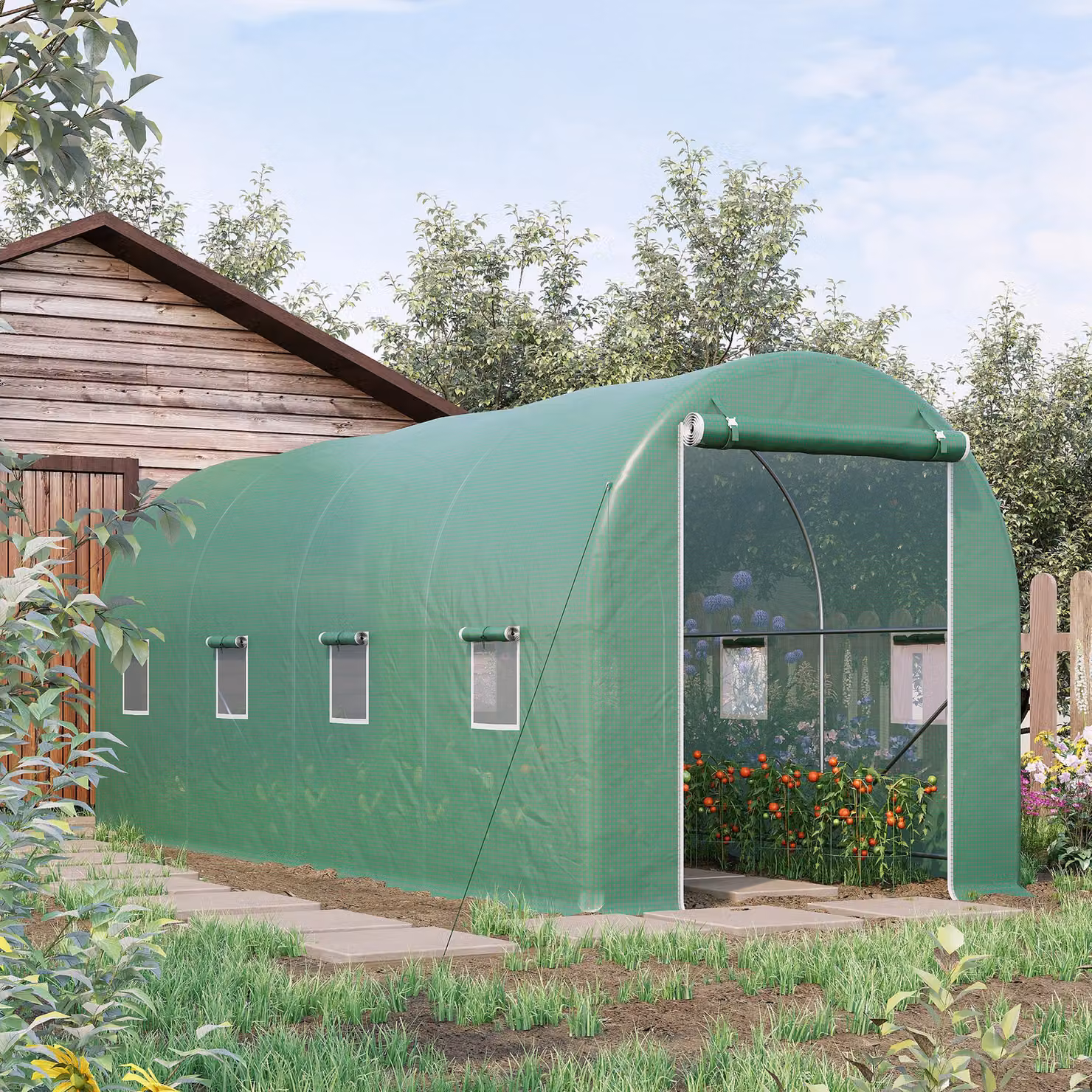 Serra a tunnel Outsunny per giardino con 8 finestre e porta avvolgibili, L: 500 cm, P: 200 cm, H: 210 cm – 2