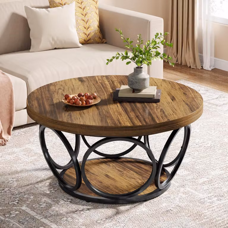 Tavolino rotondo in legno, colore marrone, diametro 80 cm, con due ripiani