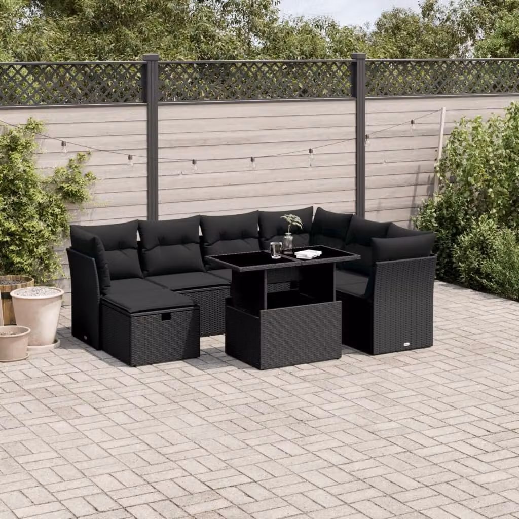 vidaXL Set Divani da Giardino a L con Cuscini 8 pz Nero in Polyrattan e Struttura in Metallo – 1