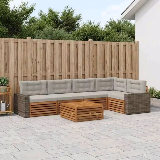 Set di divani da esterno vidaXL a forma di L con tavolino, 6 pezzi, in legno di acacia e tessuto beige e grigio – 1