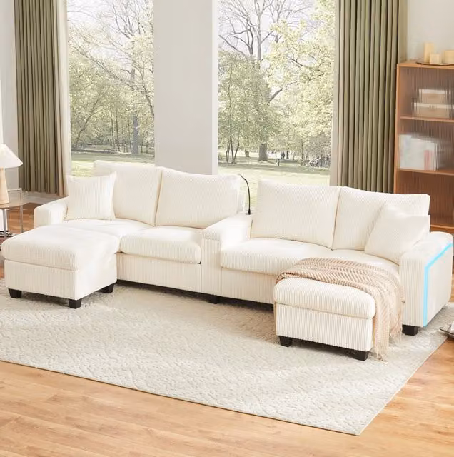 Divano a U in velluto a coste con 2 pouf contenitore; LED; USB e Type-C; beige 334x128;5x81 cm
