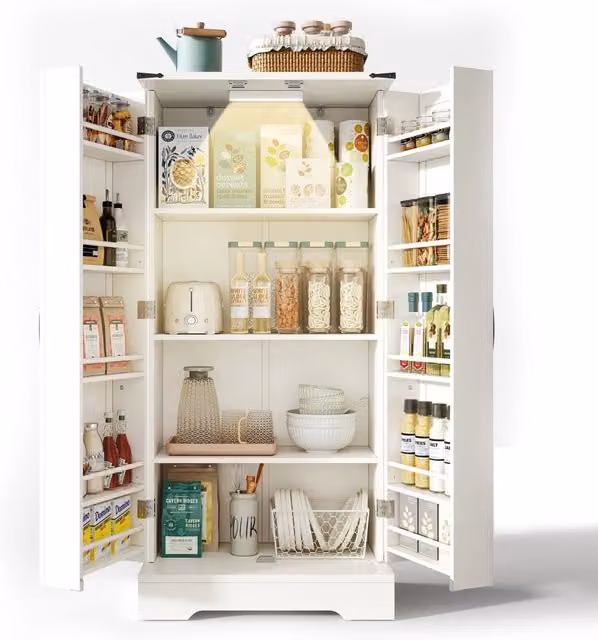 Mobile cucina bianco 60x35x128,5 cm con luci LED, 2 ante e ripiani regolabili in stile country