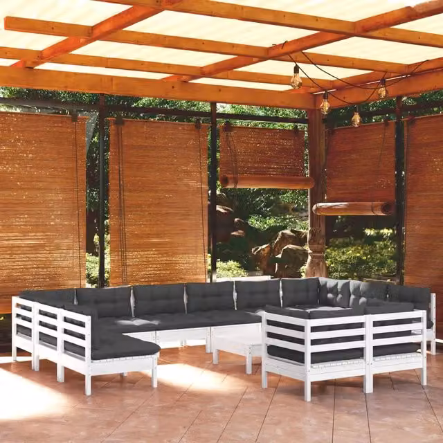Set di divani da giardino a forma di U vidaXL in legno di pino con cuscini bianchi e antracite