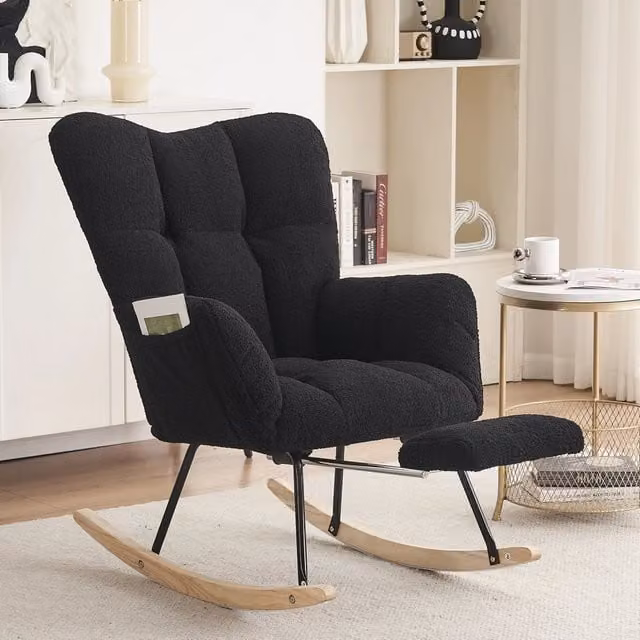 Poltrona a dondolo OKWISH con poggiapiedi pieghevole e schienale alto in tessuto boucle nero, L: 80 cm, P: 98 cm, H: 98,5 cm