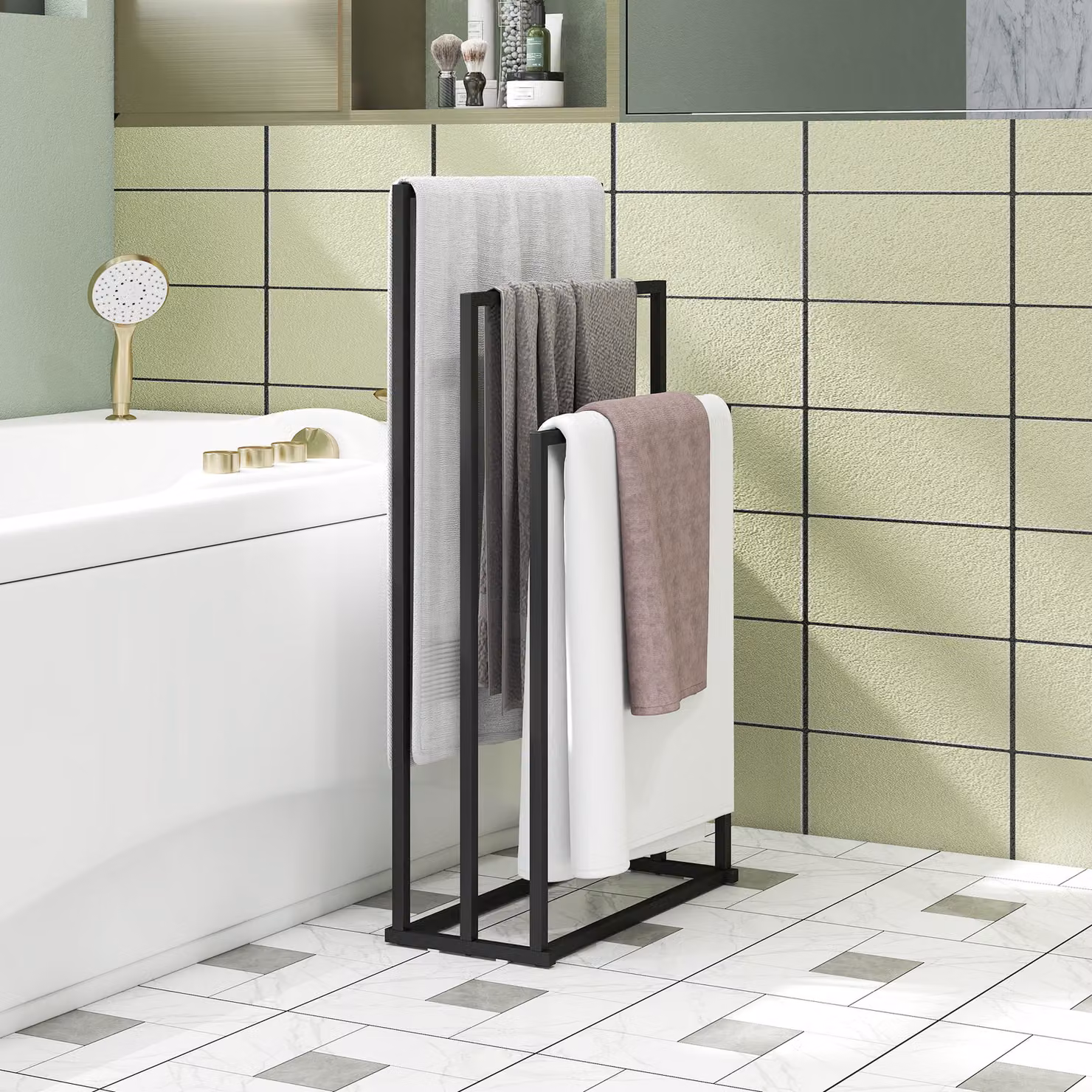 Portasciugamani da terra autoportante HOMCOM a 3 bracci in acciaio nero L 45 cm x P 21,5 cm x H 85 cm – 2