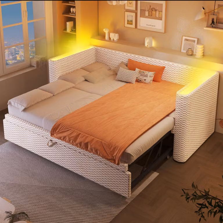 Abrihome Letto divano imbottito 90 × 200 cm con letto estraibile, divano letto con LED e rete a doghe, velluto, beige