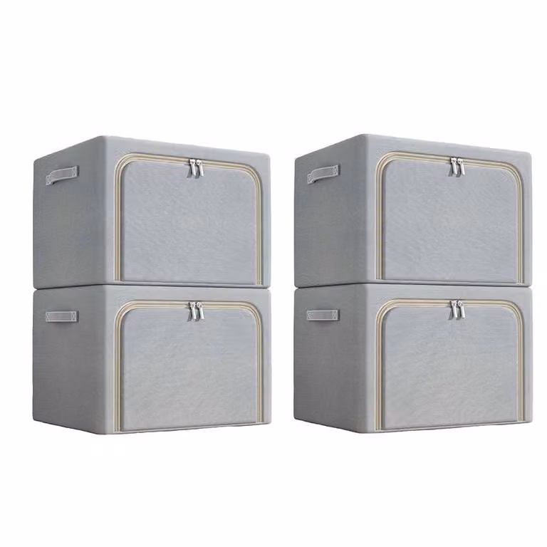 set di 4 scatole portaoggetti in tessuto Oxford, impermeabile, pieghevole, 100L, scomparti, per vestiti e guardaroba, senza finestra, grigio chiaro