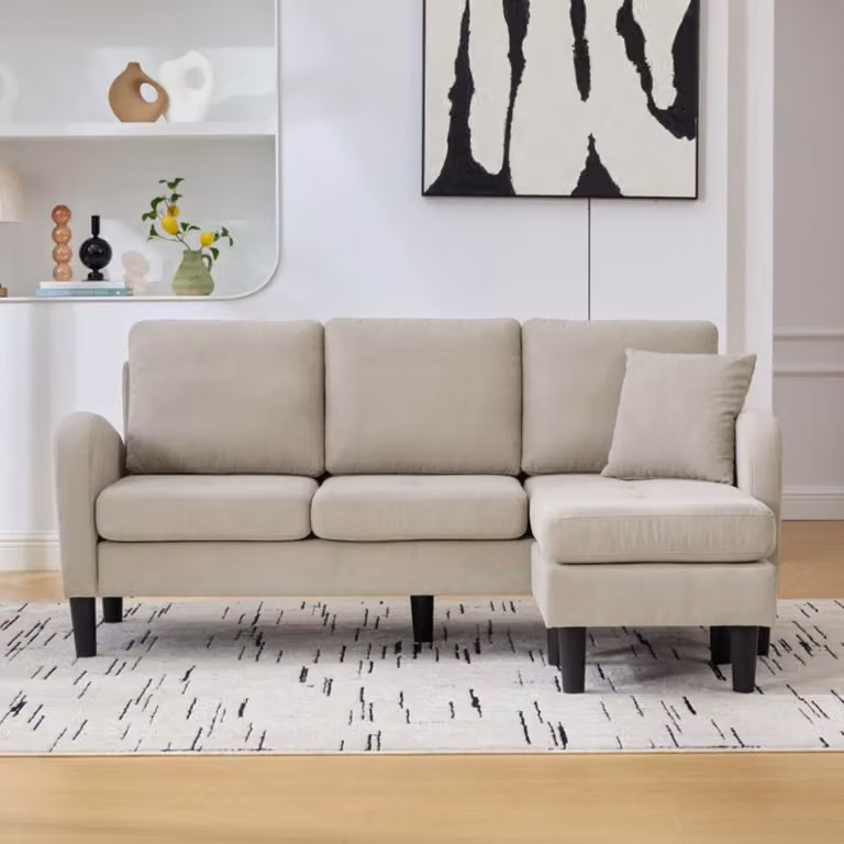 Divano angolare 166x118x77 cm, divano angolare modulare con chaise longue, rivestito in tessuto, gambe in plastica, 3 posti, ideale per soggiorno, appartamento e ufficio