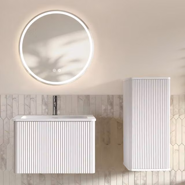 Set Mobili Bagno Completo Sospeso 60 cm con Lavabo; Specchio LED Rotondo e Colonna Laterale; Bianco Opaco