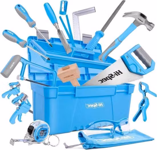 Set di 25 strumenti per la lavorazione del legno per principianti con scatola porta attrezzi blu