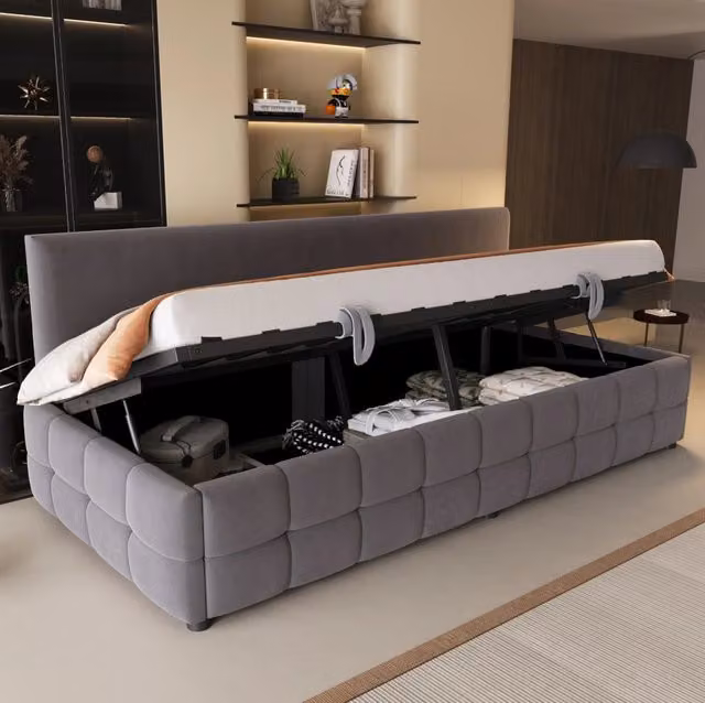 Divano letto singolo imbottito 90x200 cm con vano contenitore ad apertura idraulica; schienale e velluto grigio
