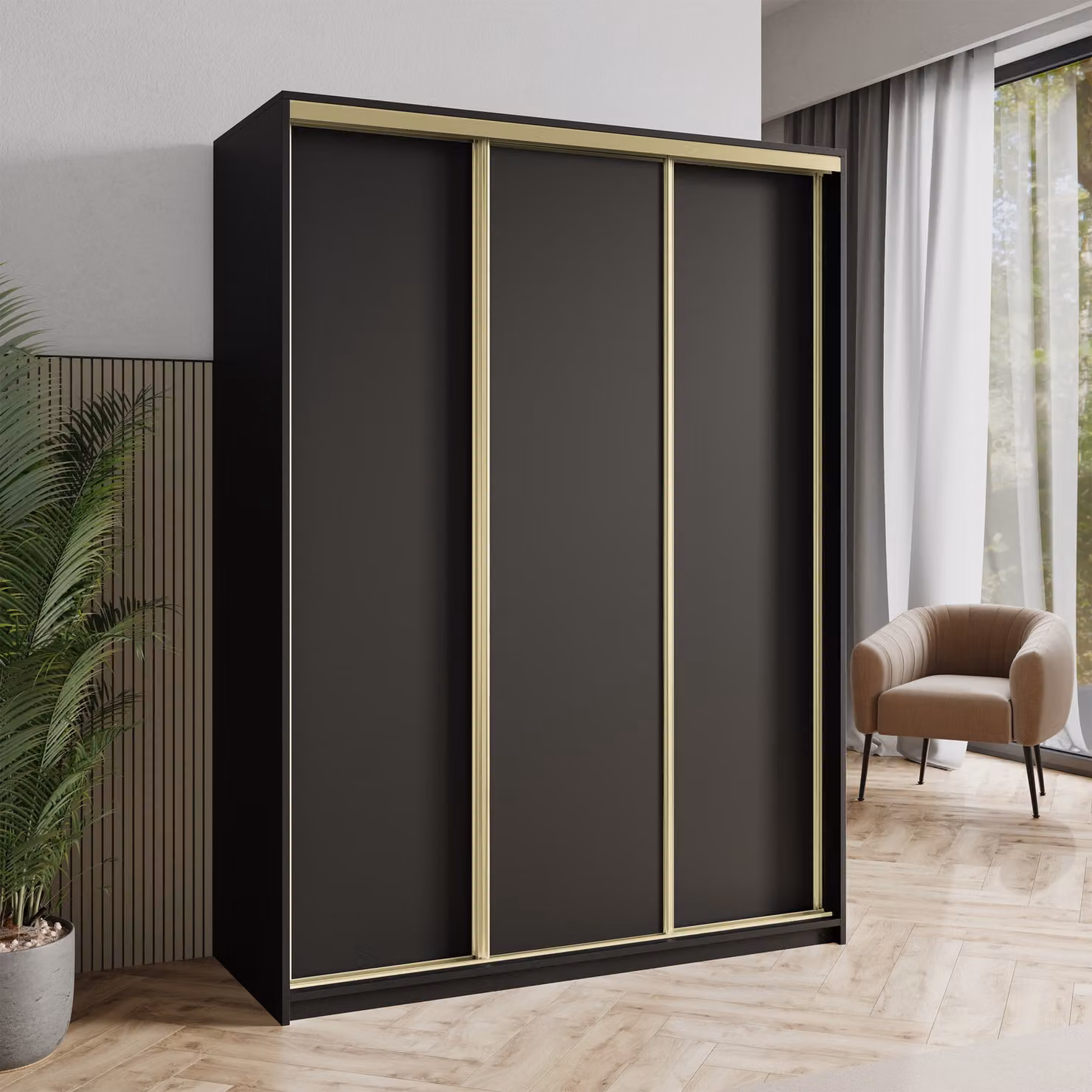 Armadio scorrevole Masseno NISSE 150/205/60 cm Armadio con cassetti Armadio per camera da letto 3 ante Nero + Oro