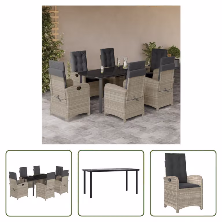 The Living Store Set da pranzo da giardino 7 pezzi con cuscini in poly rattan grigio chiaro