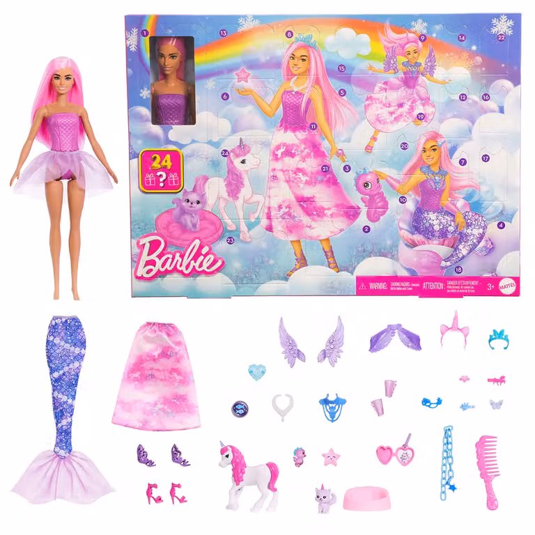 Mattel Barbie Calendario dell’Avvento Fantasy con 24 Sorprese e Bambola Trasformabile Rosa