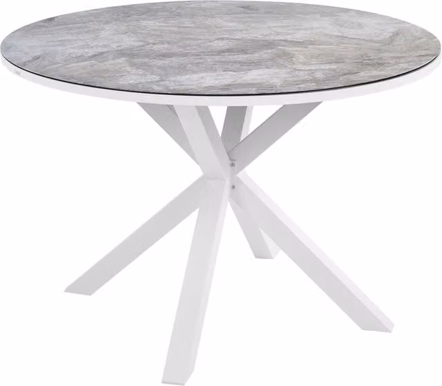 Tavolo da giardino Beliani moderno con piano in ceramica effetto marmo bianco e struttura in alluminio resistente ai raggi UV L: 120 cm, P: 120 cm, H: 75 cm