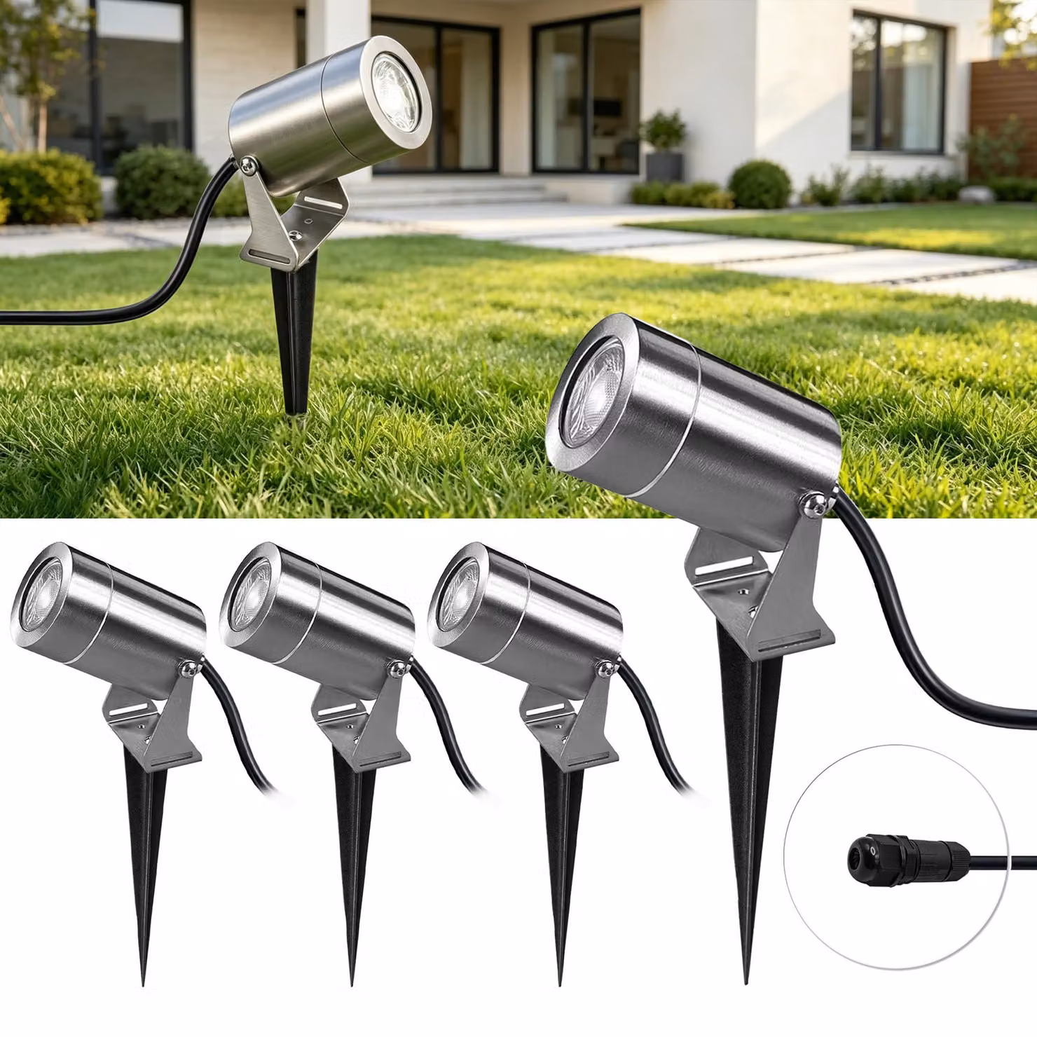 Set di 4 luci da esterno in acciaio inossidabile, con tecnologia LED, attacco GU10, potenza 5W, temperatura di colore 3000K, grado di protezione IP65