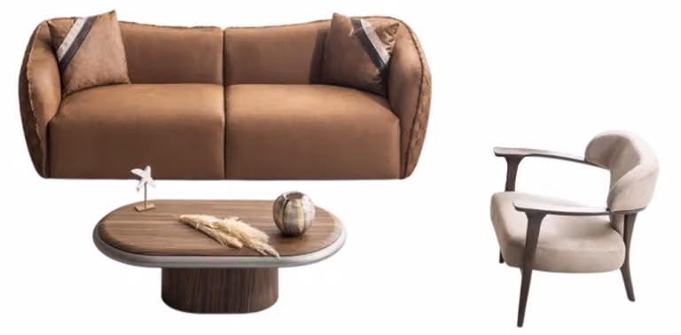 Elegantes Braunes Sofa-Set Moderne Textilcouch Sitzsessel Couchtisch