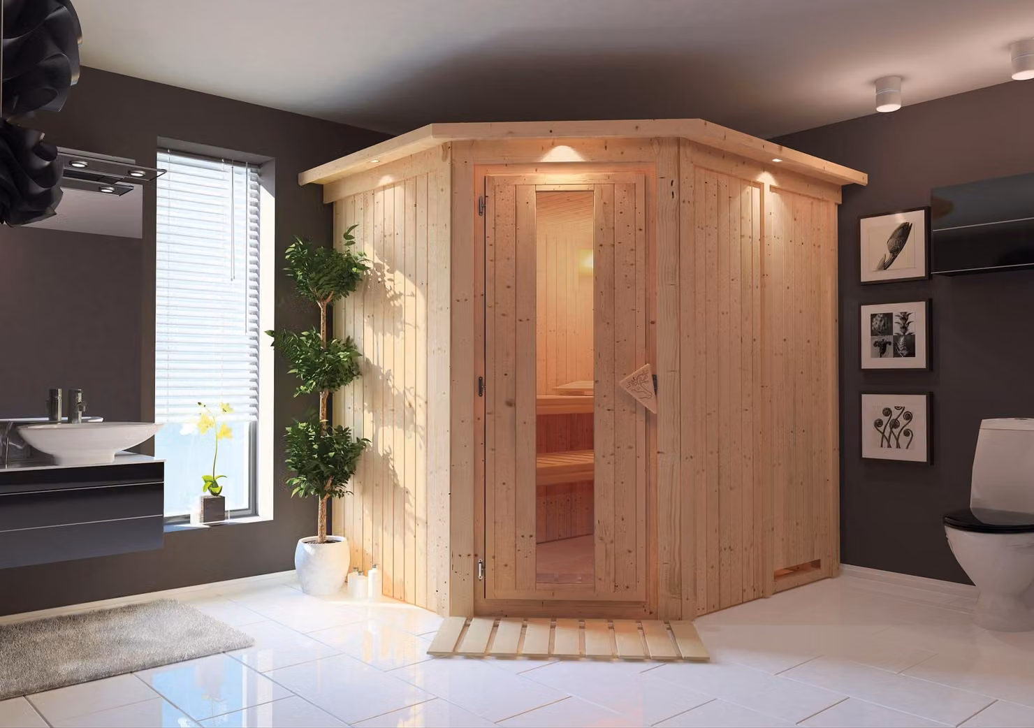 Sauna Karibu Siirin 68mm con riscaldatore 9kW porta esterna in legno