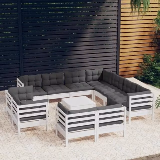 Set di divani da giardino a forma di U vidaXL in legno di pino con cuscini bianchi e antracite – 1