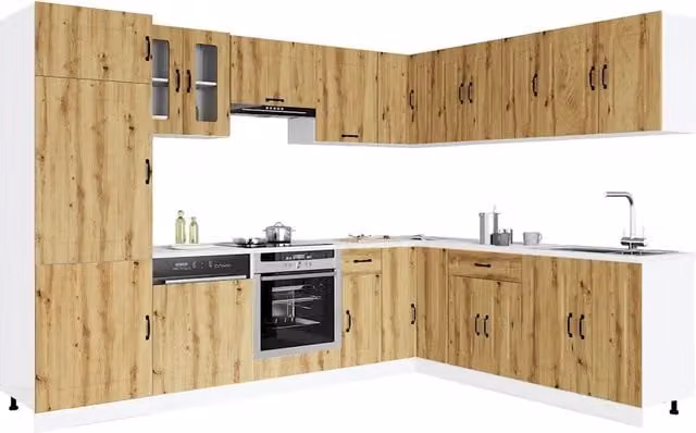 Set di mobili da cucina moderno vidaXL in legno e vetro color marrone con ante a battente e configurazione ad angolo L/P/H: 207.0 x 75.5 x 80.0 cm