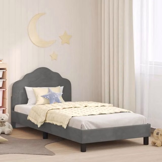 Struttura letto per bambini con testata e giroletto in tessuto velvet Grigio, L/P/H: 90 x 200 x 85 cm