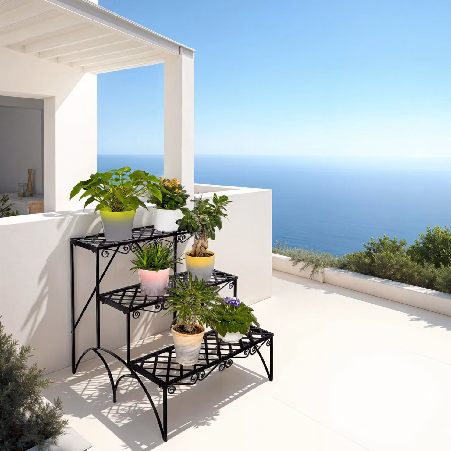 Scaffale per piante a 3 piani TecTake GmbH in metallo nero opaco per giardino, balcone o terrazzo, L/P/H: 60 x 60 x 60 cm – 2