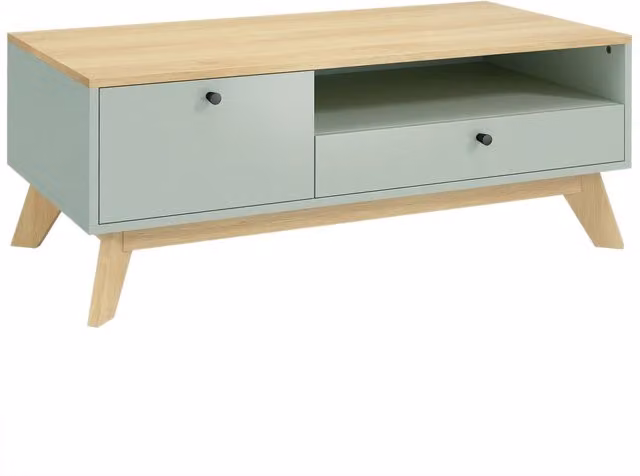 Tavolino da salotto rettangolare HOMCOM con cassetto, anta e scomparto aperto, verde e rovere – 1