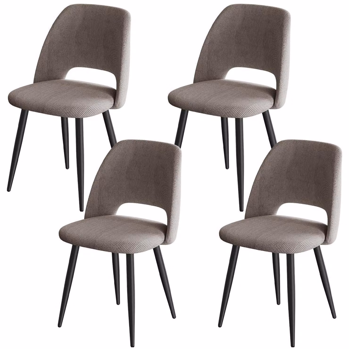 Set di 4 sedie da pranzo in tessuto cord, con gambe in metallo, colore marrone