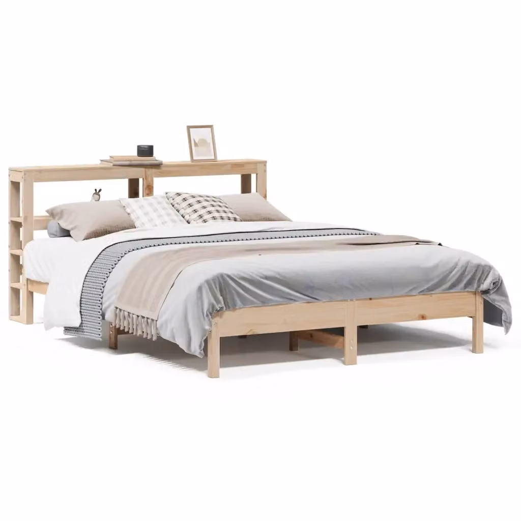 Letto vidaXL in legno massello di pino marrone con ripiani laterali L: 140 cm, P: 190 cm – 2