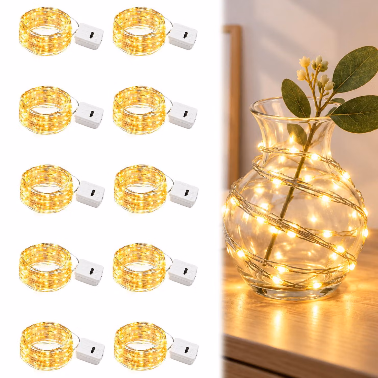 Catena luminosa a LED, set da 10, lunghezza 2 metri, 20 LED, luce bianco caldo, alimentazione a batteria