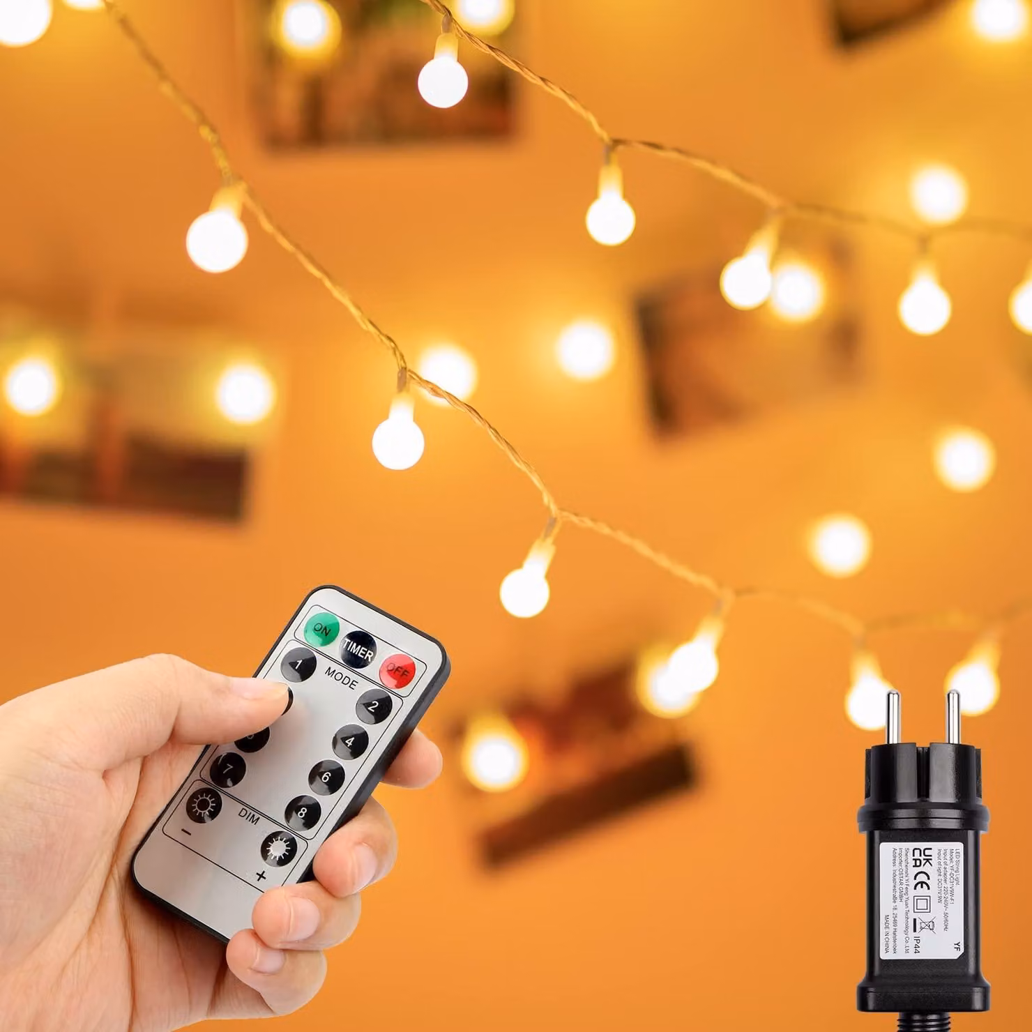 Catena luminosa a LED, 12 metri, 100 sfere bianco caldo, con telecomando, timer e dimmer