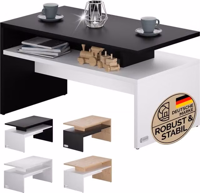 Tavolino da soggiorno CASARIA bianco e nero con meccanismo sollevabile e ripiani, L 95 cm x P 55 cm x H 50 cm – 1