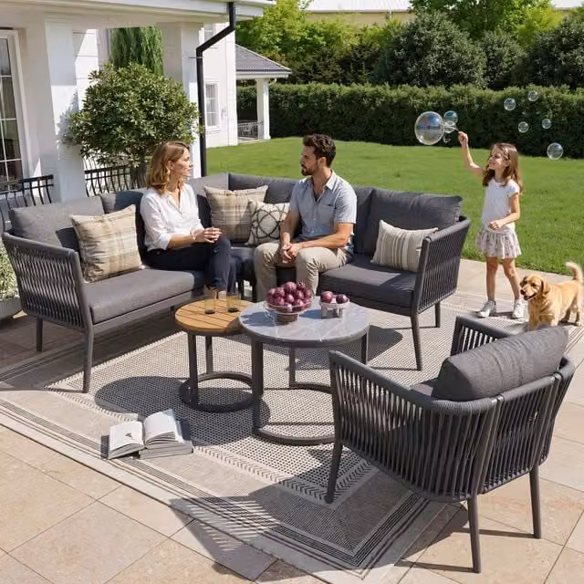 Set lounge da giardino per 5-6 persone, 6 pezzi, divano angolare modulare in corda con panca impermeabile e cuscini, per terrazza e balcone, grigio