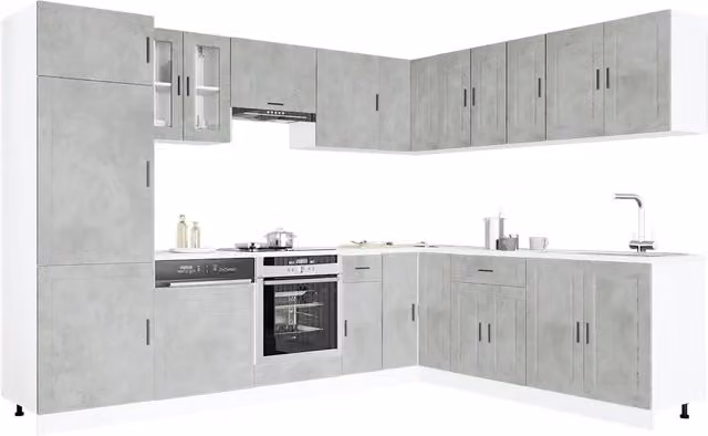 Set di mobili da cucina moderno vidaXL in 14 pezzi grigio con ante a battente e ripiani interni in legno e vetro