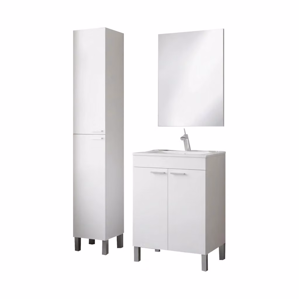 Set Mobili Bagno Moderno DMORA Dossena Bianco Lucido con Mobile Lavabo, Colonna e Specchio – 2