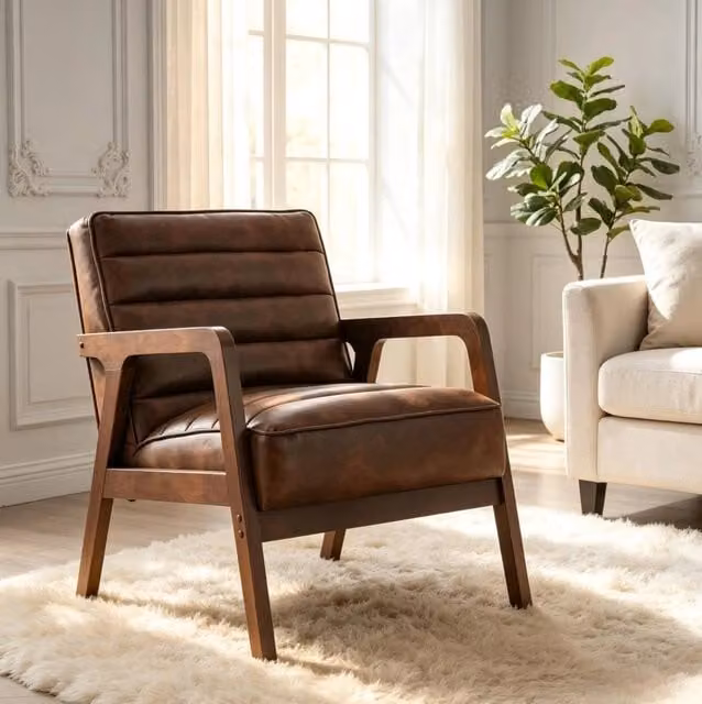 Poltrona da soggiorno 64x86x79 cm in legno e PU marrone con braccioli –