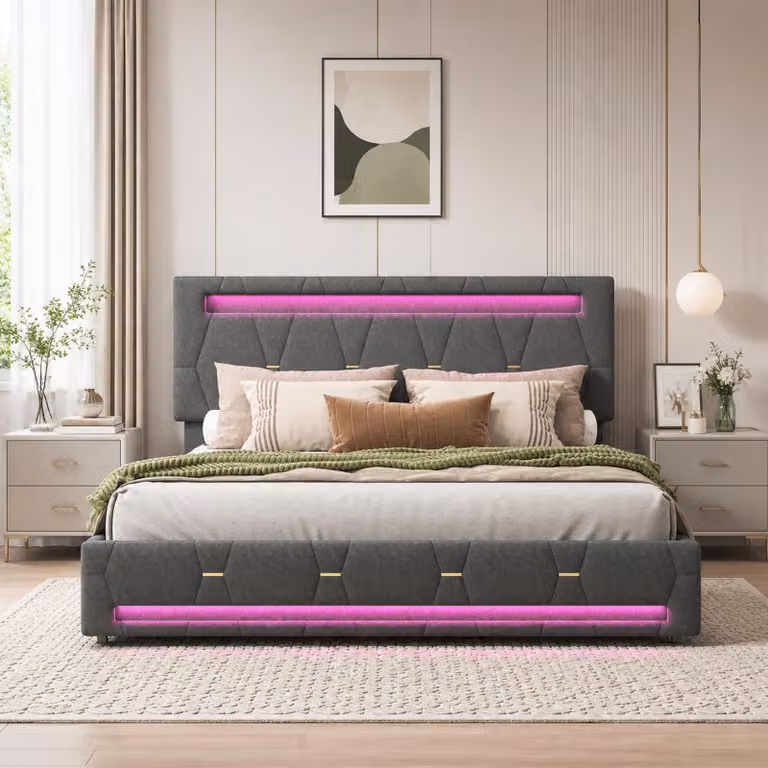 Letto imbottito matrimoniale INONEFT, 160x200 cm, con contenitore e 4 cassetti, struttura letto per ragazzi con rete a doghe, poggiatesta regolabile con LED, colore grigio lino