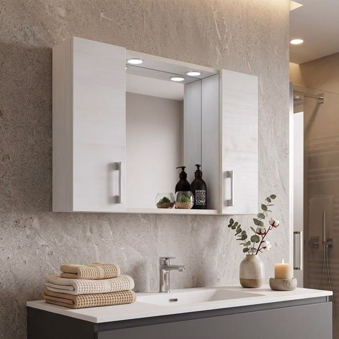 Specchio bagno contenitore con due pensili rovere bianco e luce led