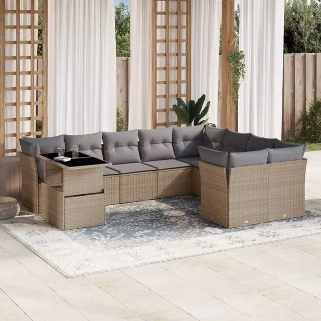 Set Divano da Giardino a L vidaXL in Polyrattan con Cuscini Beige e Tavolino, 10 Pezzi – 1
