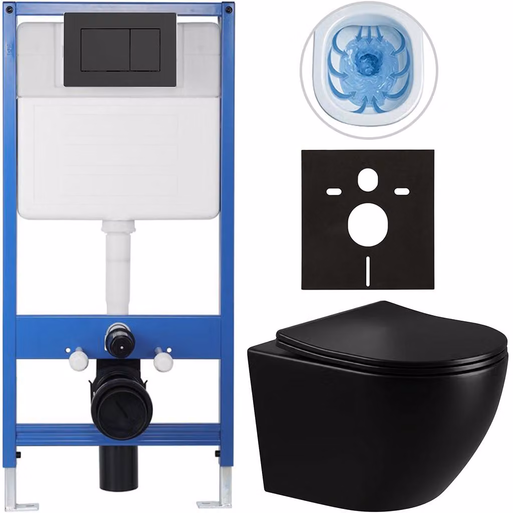 CERANO - Set completo per WC da incasso Lite/Verde - nero lucido - pulsante WC Classic, nero opaco - installazione a parete/cartongesso - 49x36 cm