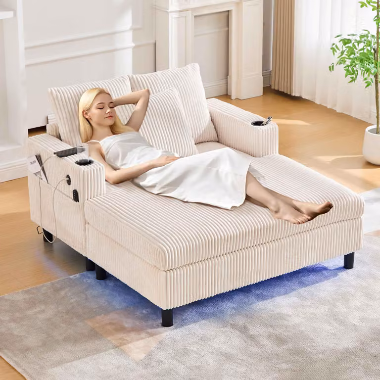 AIORBER Spaziosa chaise longue reclinabile con LED, USB, portabicchieri, rivestimento in velluto ed elevato comfort - ideale per il soggiorno e la camera da letto - Disponibile multicolore