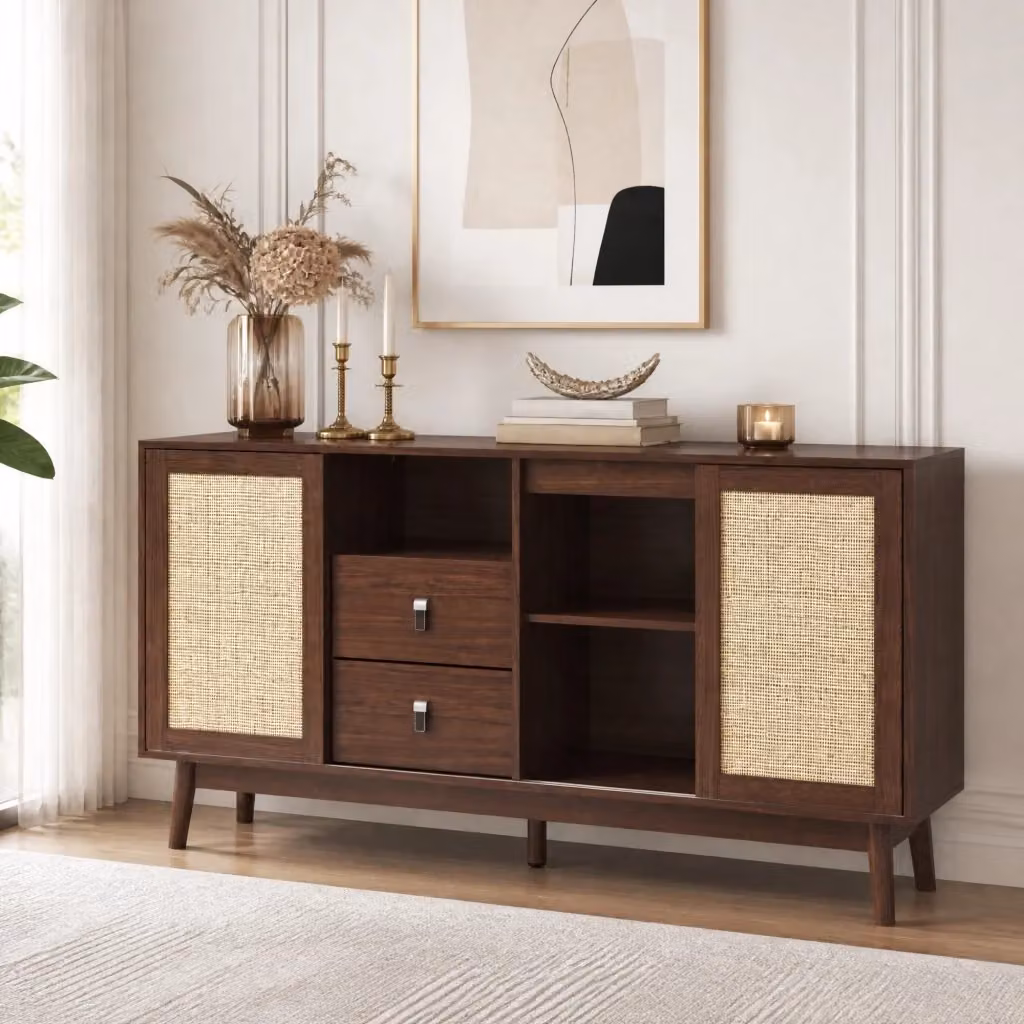 Credenza in stile mid-century con 3 ante scorrevoli in rattan e 2 cassetti, struttura in MDF e truciolato, colore marrone, L: 155 cm, P: 38 cm, H: 80 cm – 2